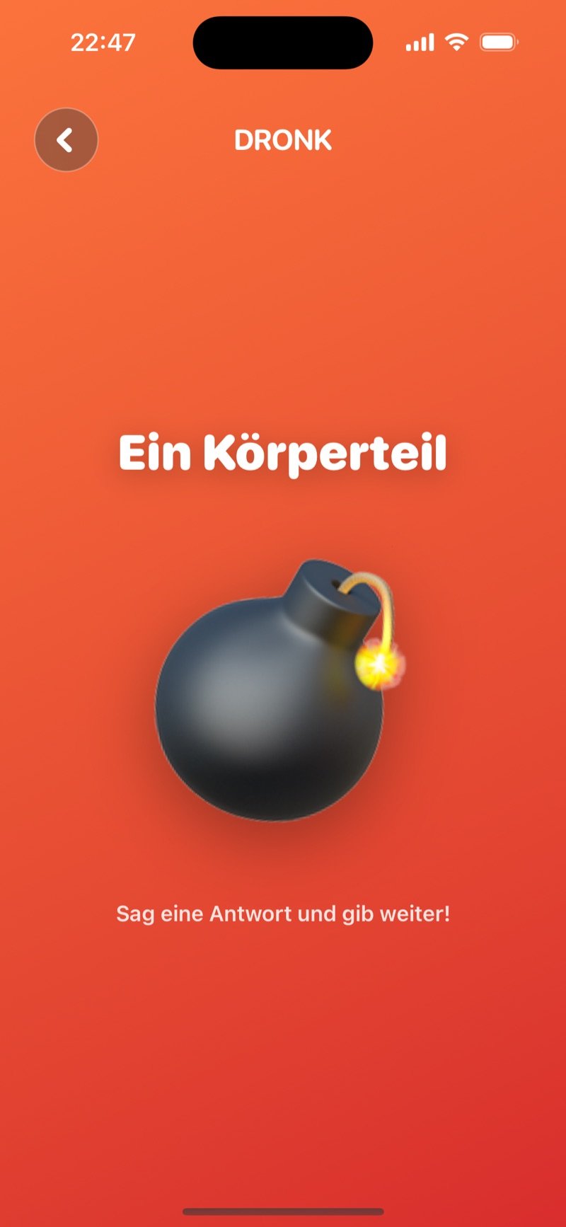 Der Rundenbildschirm der Bombe in der Dronk App