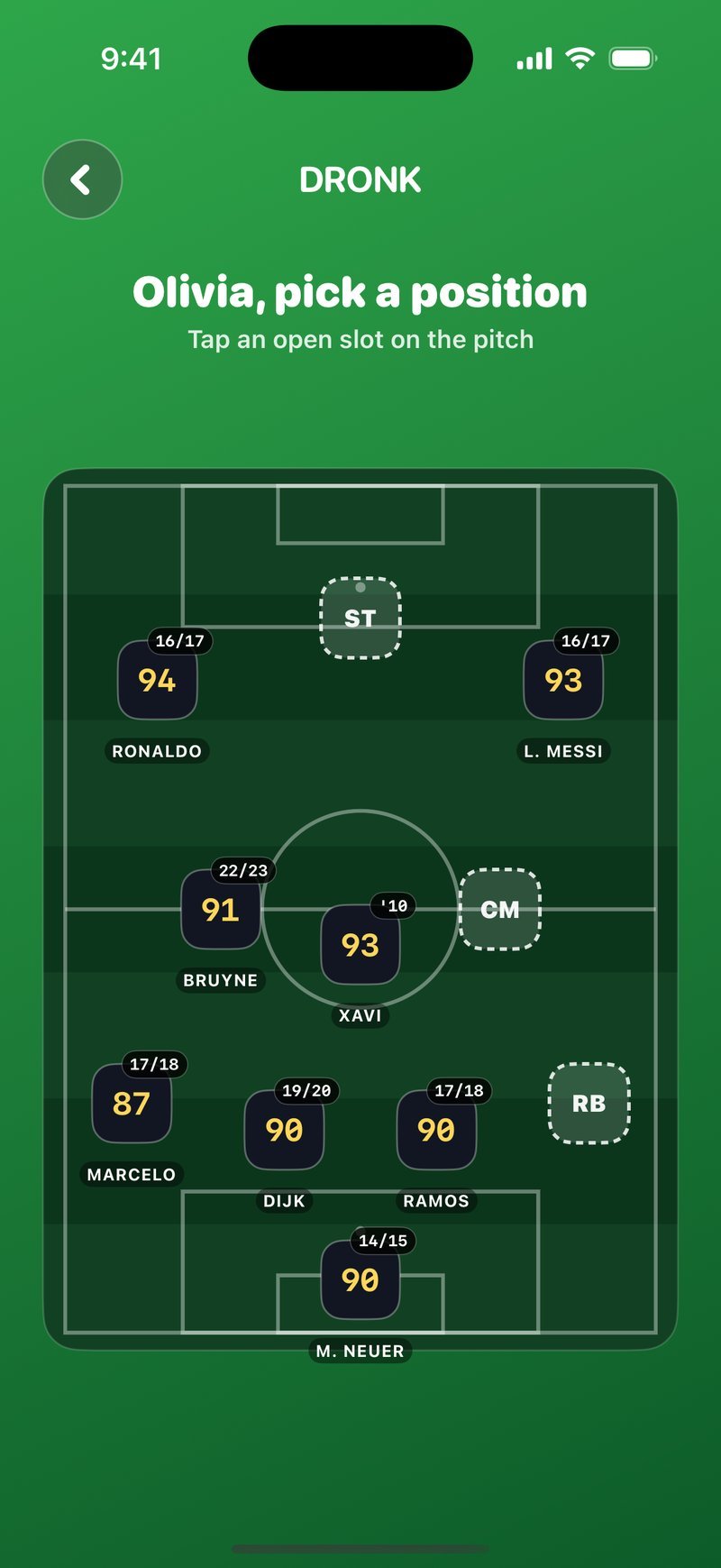 The Draft in Dronk — your drafted squad lined up on the pitch before the simulated match