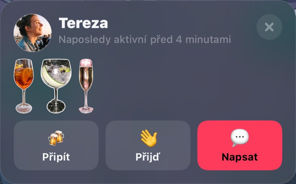 Tereza na mapě: naposledy aktivní, skleničky z večera, Přípitek, Přijď a Zpráva