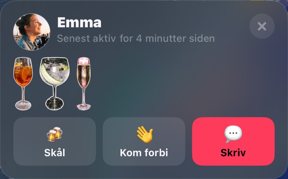 Emma på kortet: sidst aktiv, aftenens glas, Skål, Kom forbi og Skriv