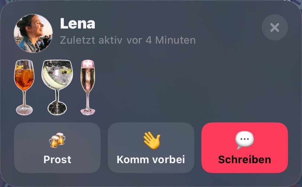 Lena auf der Karte: zuletzt aktiv, Gläser heute Abend, Prost, Komm vorbei und Nachricht