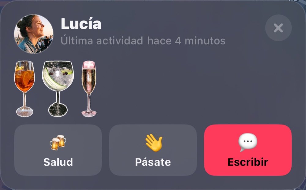 Lucía en el mapa: última actividad, vasos de la noche, Brindar, Pásate y Mensaje
