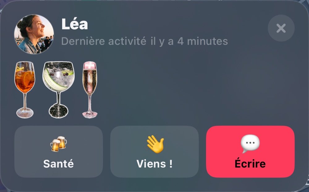 Léa sur la carte : dernière activité, verres de la soirée, Trinquer, Passe et Message