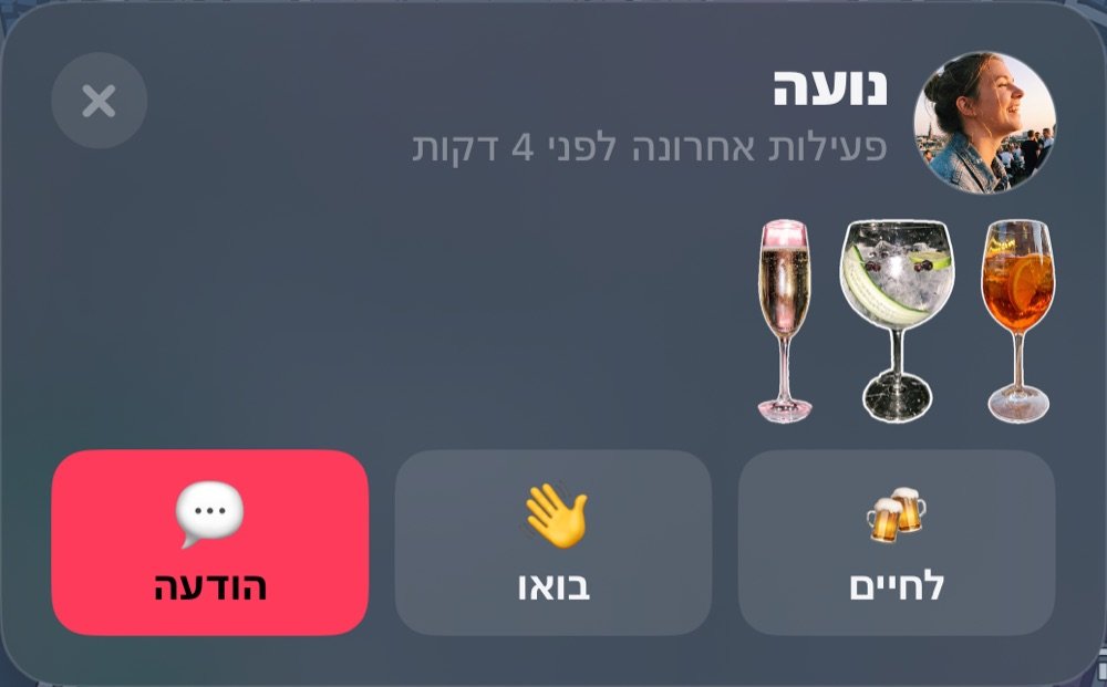 נועה על המפה: פעילות אחרונה, הכוסות של הערב, לחיים, בואו והודעה