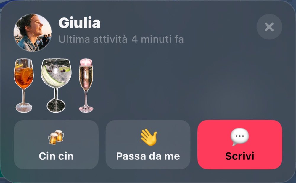 Giulia sulla mappa: ultima attività, bicchieri della serata, Brinda, Passa e Messaggio