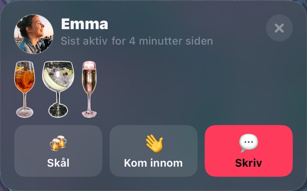Emma på kartet: sist aktiv, kveldens glass, Skål, Kom innom og Melding