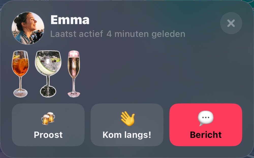 Emma op de kaart: laatst actief, glazen van vanavond, Proost, Kom langs en Bericht