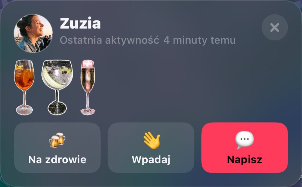 Zuzia na mapie: ostatnio aktywna, szklanki z wieczoru, Toast, Wpadnij i Wiadomość