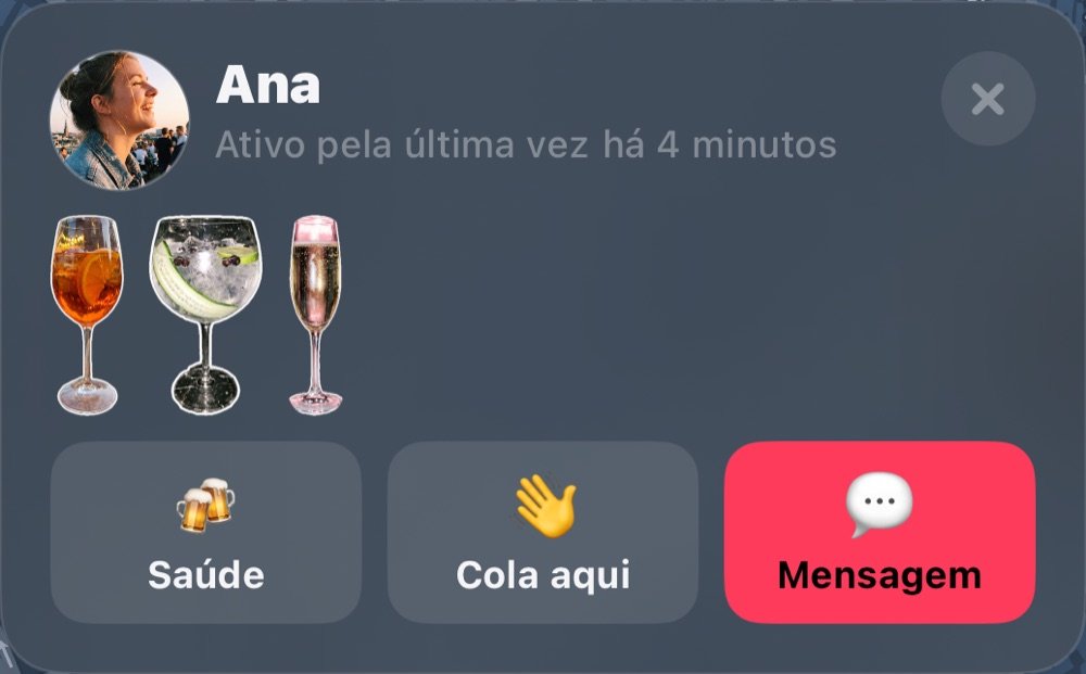 Ana no mapa: última atividade, copos da noite, Brindar, Cola aí e Mensagem