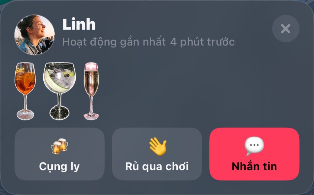 Linh trên bản đồ: hoạt động gần nhất, ly tối nay, Cụng ly, Qua chơi và Nhắn tin