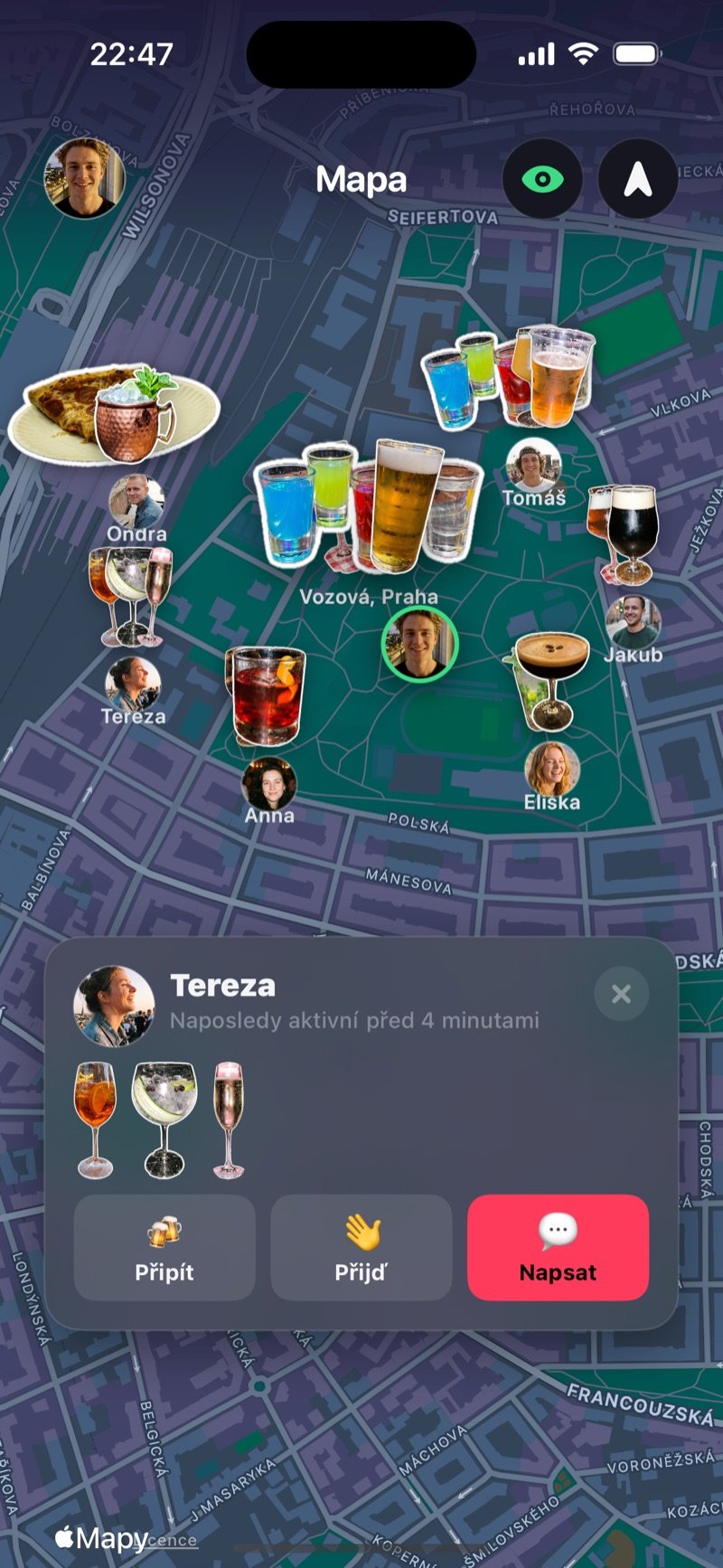Mapa Dronku s přáteli a jejich skleničkami dnes večer