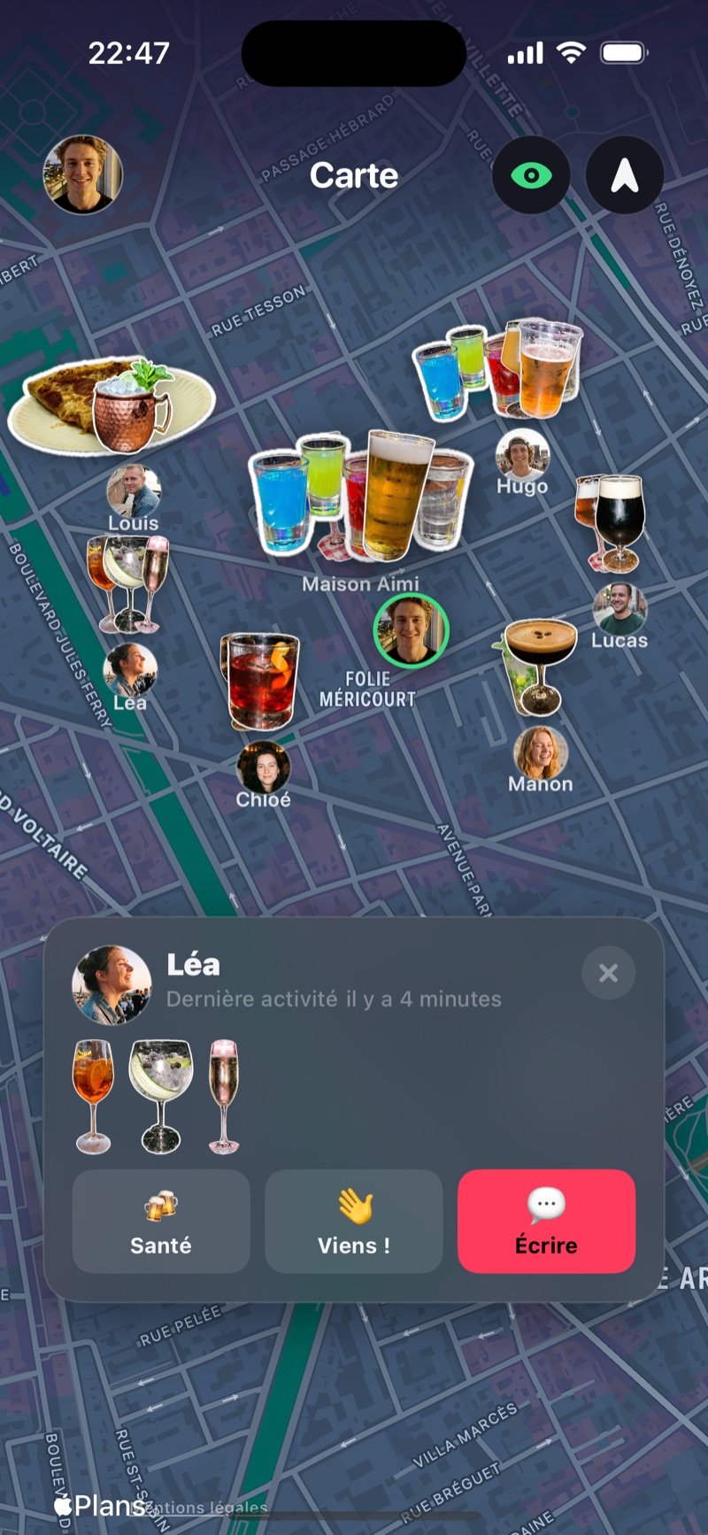 La carte Dronk avec les amis et leurs verres ce soir