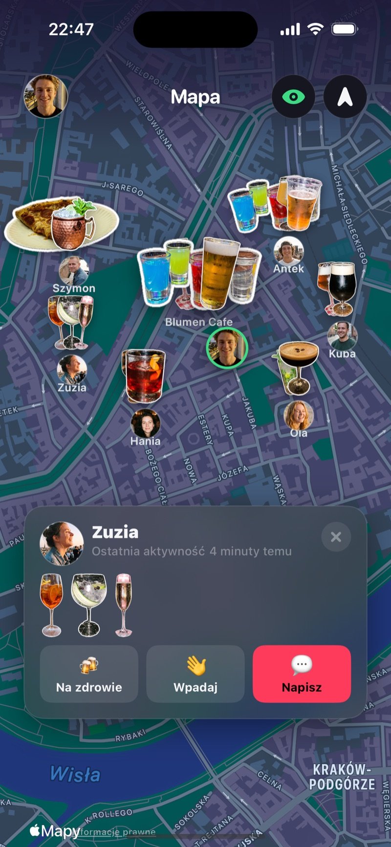 Mapa Dronk ze znajomymi i ich szklankami dziś wieczorem