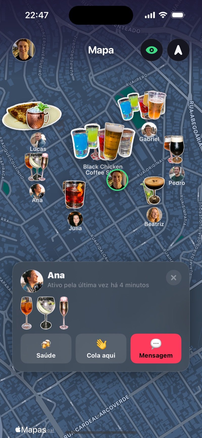O mapa do Dronk com amigos e seus copos hoje