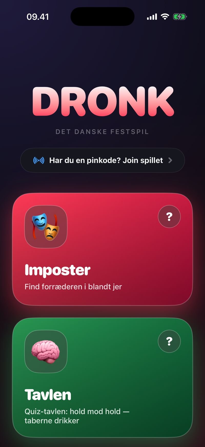 Dronks forside med 12 festspil — alt hvad en festivalcamp behøver på én telefon