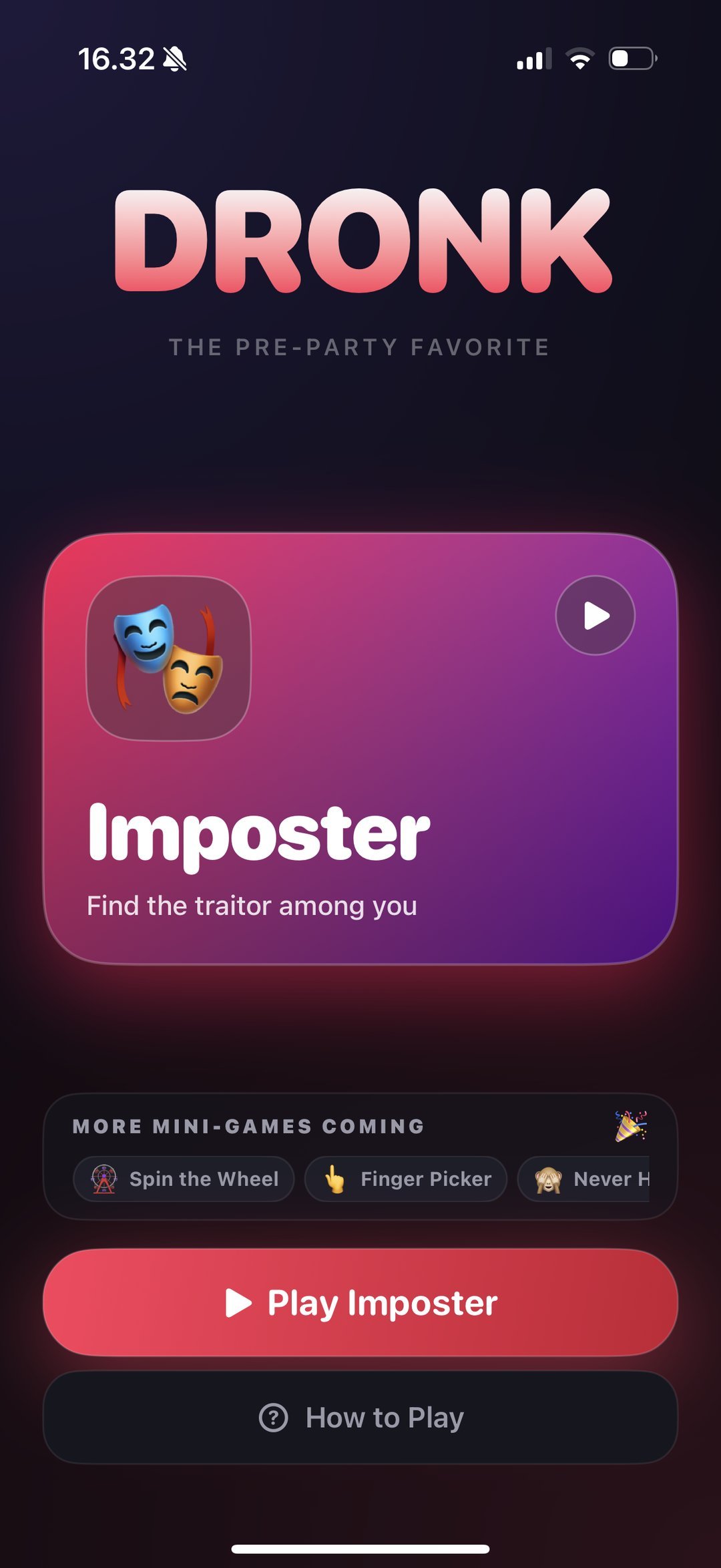 Dronk home screen with imposter game