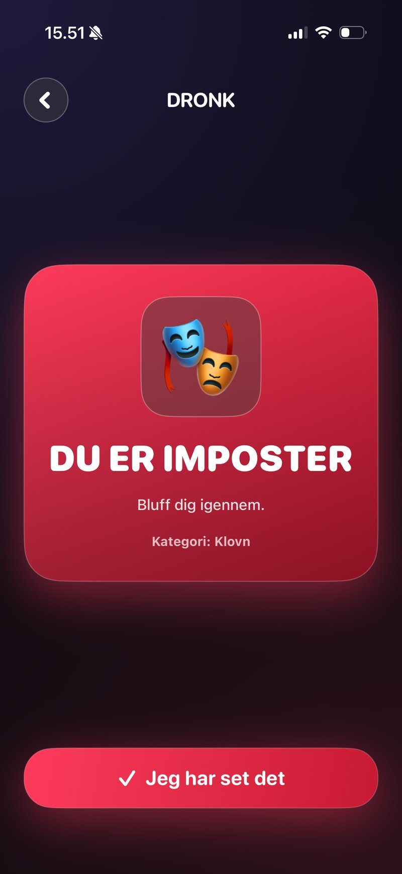 Imposter-spillet i Dronk — du er imposteren og kender ikke ordet