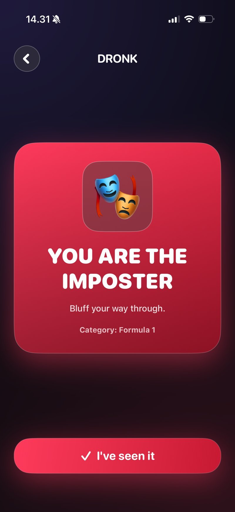 Imposter in Dronk — the role card reveals that you are the imposter