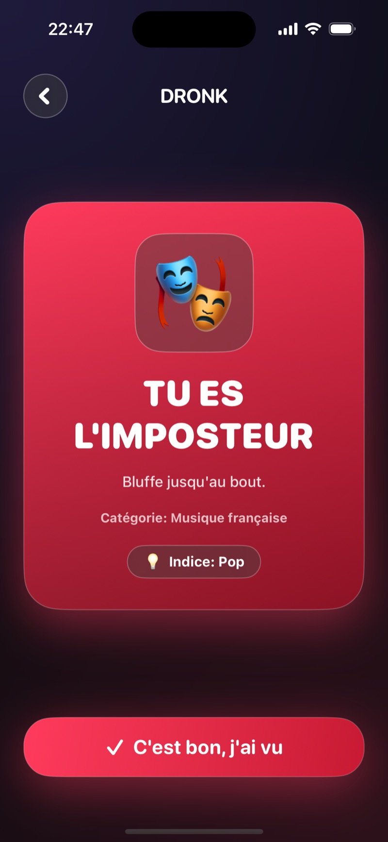 L'Imposteur dans Dronk : vous êtes l'imposteur et vous ne connaissez pas le mot