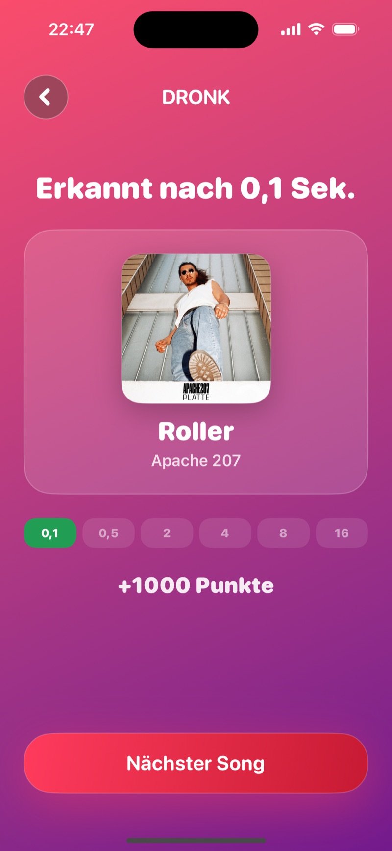 Die Sekunde in Dronk: Song 3 von 5, ein großer Play-Button bei 0,5 Sekunden, sechs Stufen-Punkte und ein Suchfeld