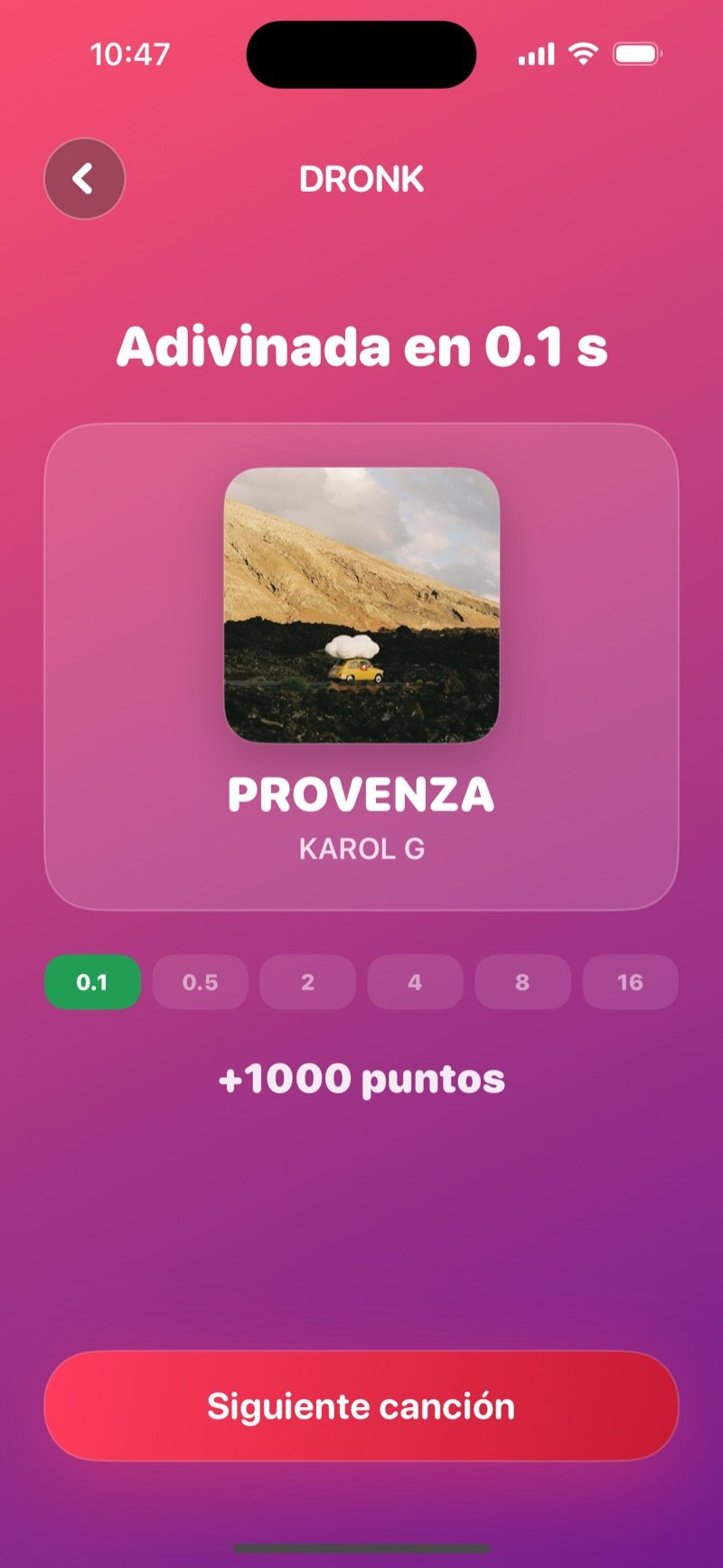 Un Segundo en Dronk: canción 3 de 5, un botón grande de play en 0.5 segundos, seis puntos de nivel y un buscador