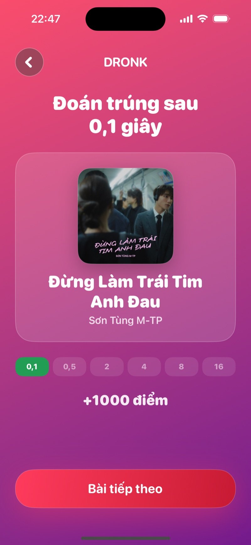 Một giây trong Dronk: bài 3 trên 5, nút phát lớn ở mốc 0,5 giây, sáu chấm bước và ô tìm kiếm