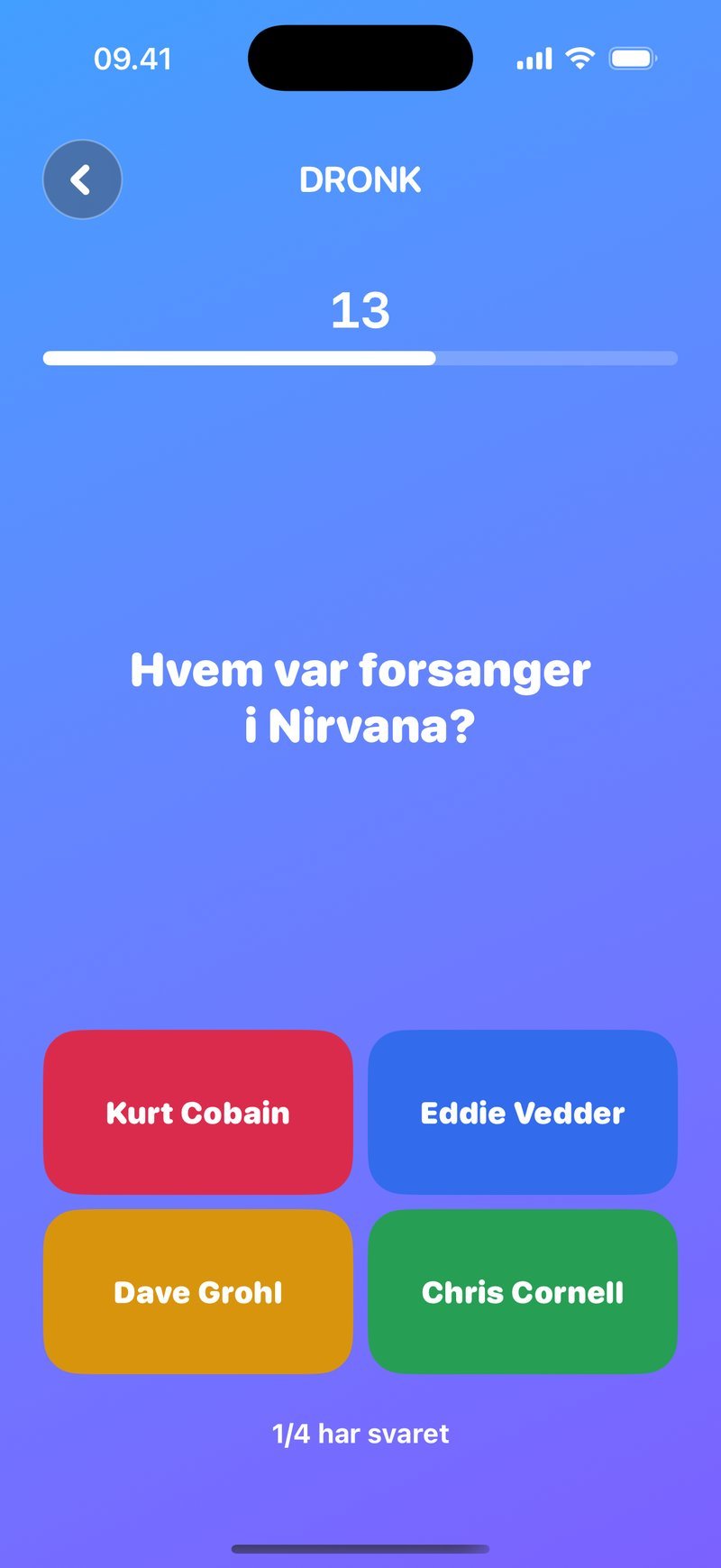 Quizzen i Dronk — live quiz-spørgsmål med fire svarmuligheder på egen telefon