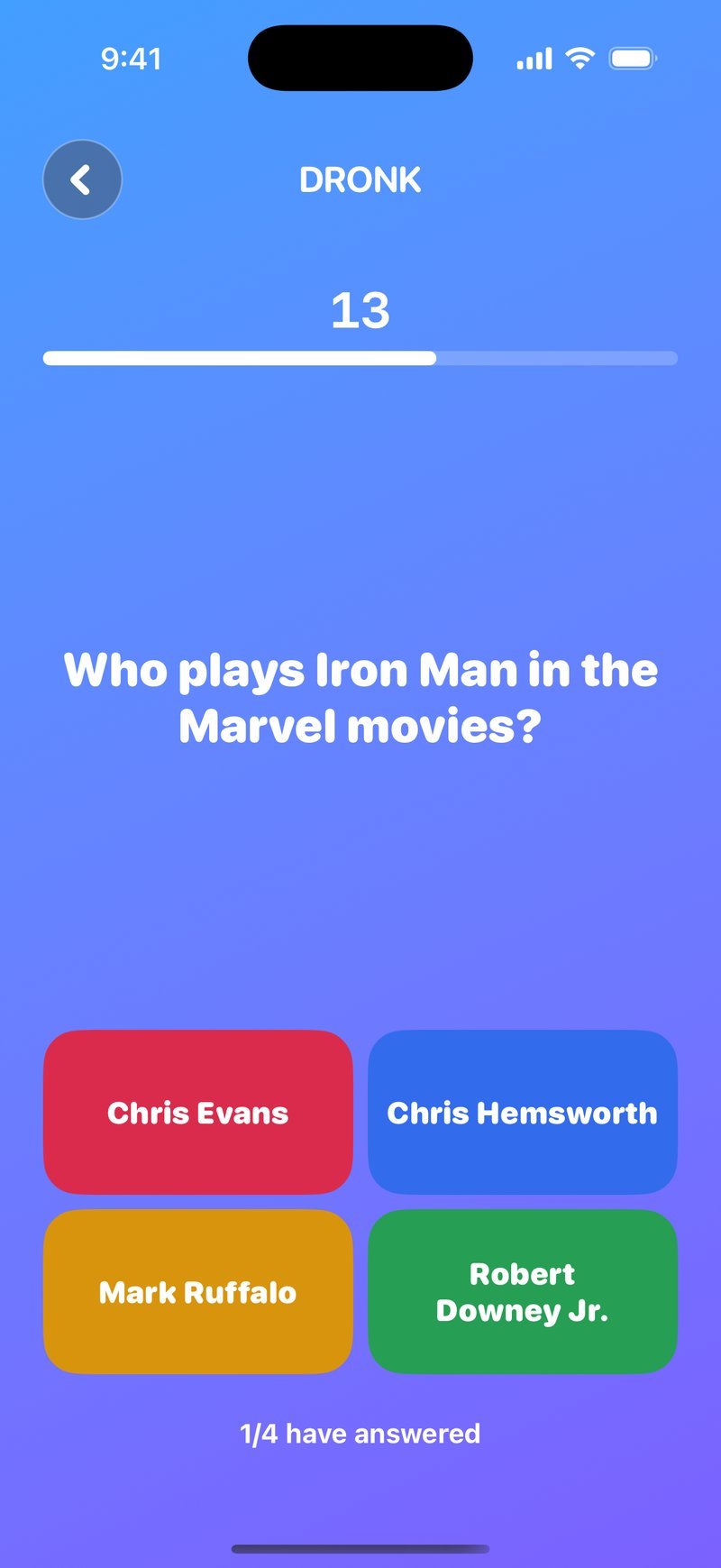 The Quiz in Dronk — a live trivia question with four answers on your own phone