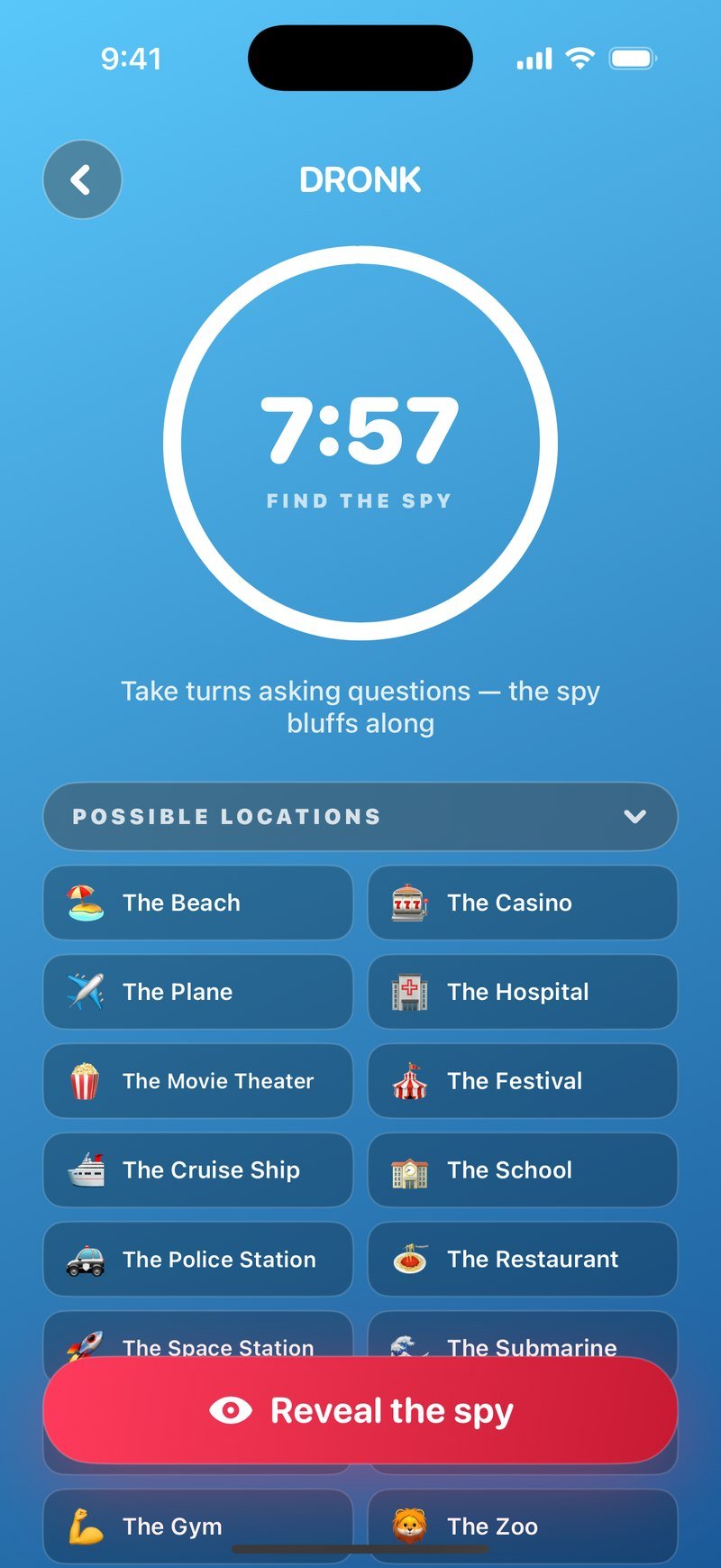 The Spy in Dronk: timer en de lijst met mogelijke locaties