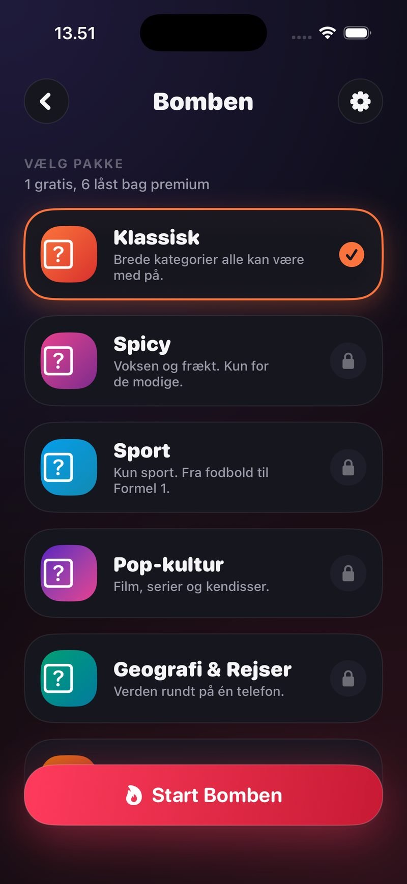 Pakkevælgeren i Bomben: Klassisk markeret, seks premium-pakker låst og knappen Start Bomben