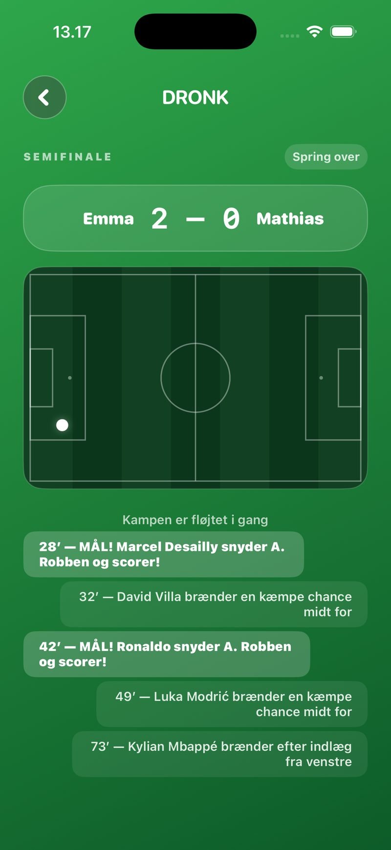 Kamp i Draften: Semifinale, Emma 2–0 Mathias, bane og kommentar-feed med mål i 28' og 42'