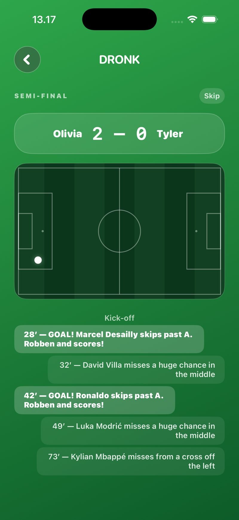 Simulated semi-final in The Draft: Olivia 2–0 Tyler, a pitch with the ball, and live commentary lines such as 28' GOAL! Marcel Desailly skips past A. Robben and scores! and 42' GOAL! Ronaldo skips past A. Robben and scores!