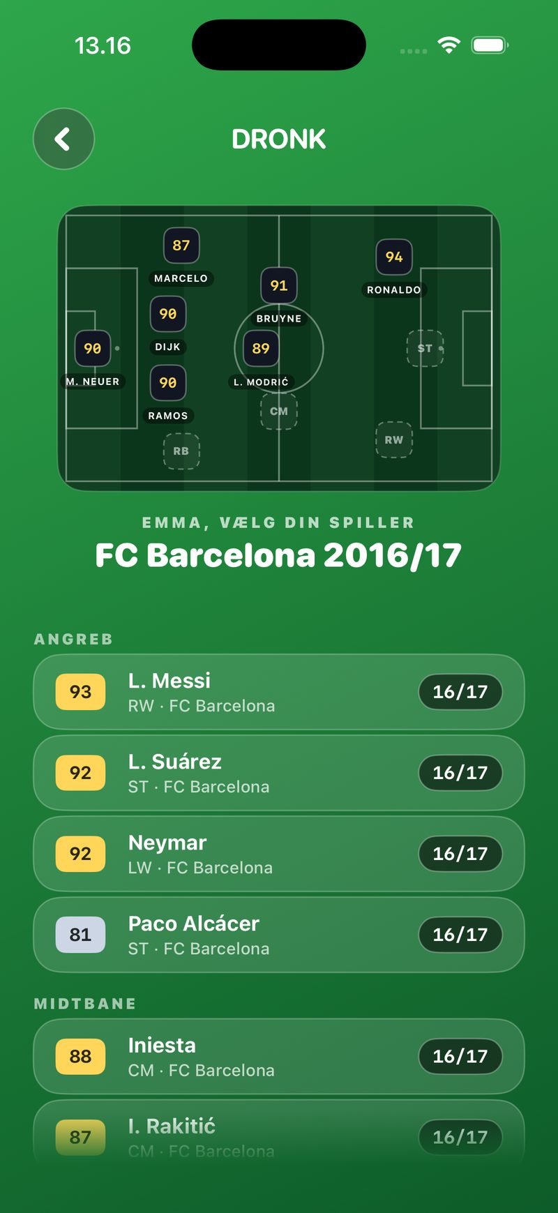 Spillervalg i Draften: 'Emma, vælg din spiller — FC Barcelona 2016/17' med Messi, Suárez, Neymar og Alcácer i angrebet