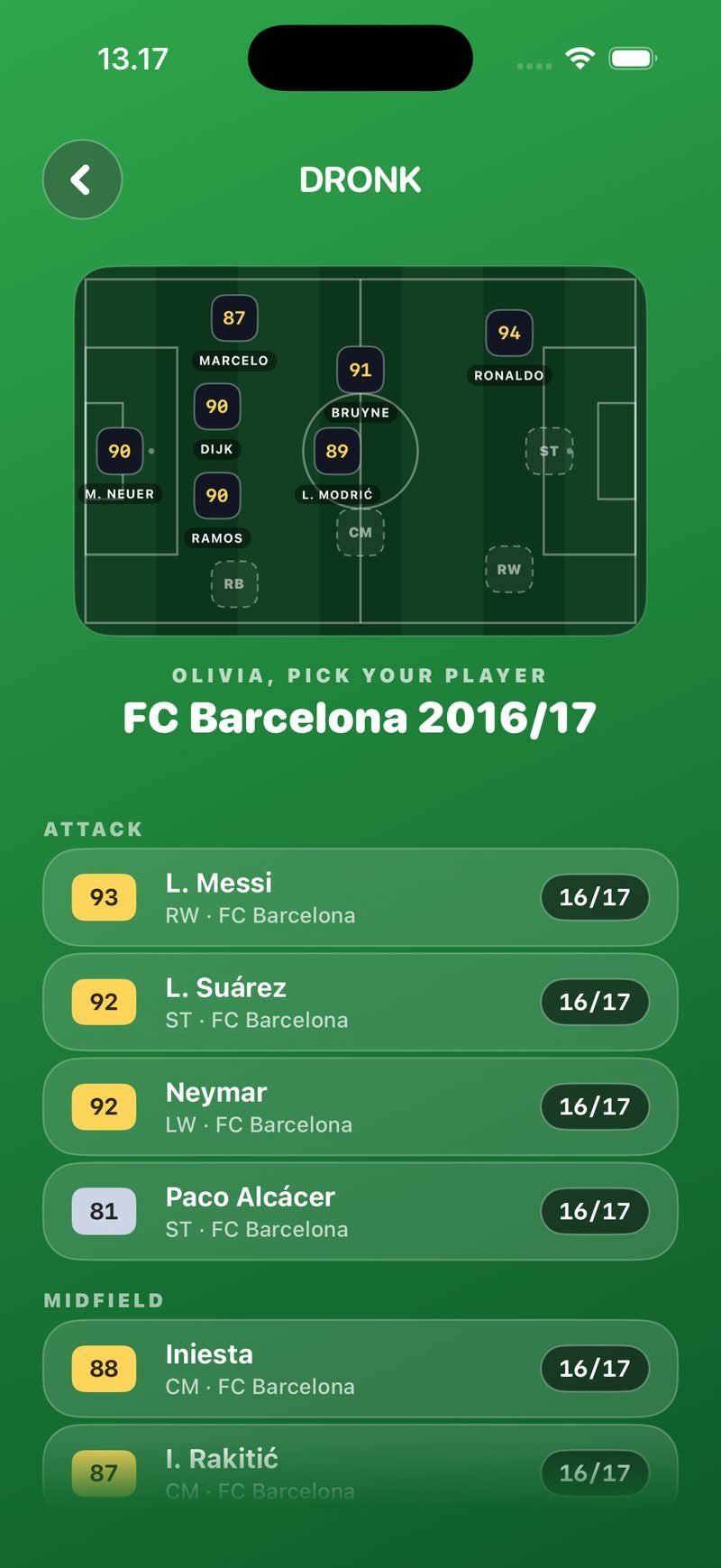 Player pick in The Draft: Olivia, pick your player, FC Barcelona 2016/17, with an Attack list showing L. Messi 93 RW, L. Suárez 92 ST, Neymar 92 LW and Paco Alcácer 81 ST, and Iniesta 88 CM under Midfield