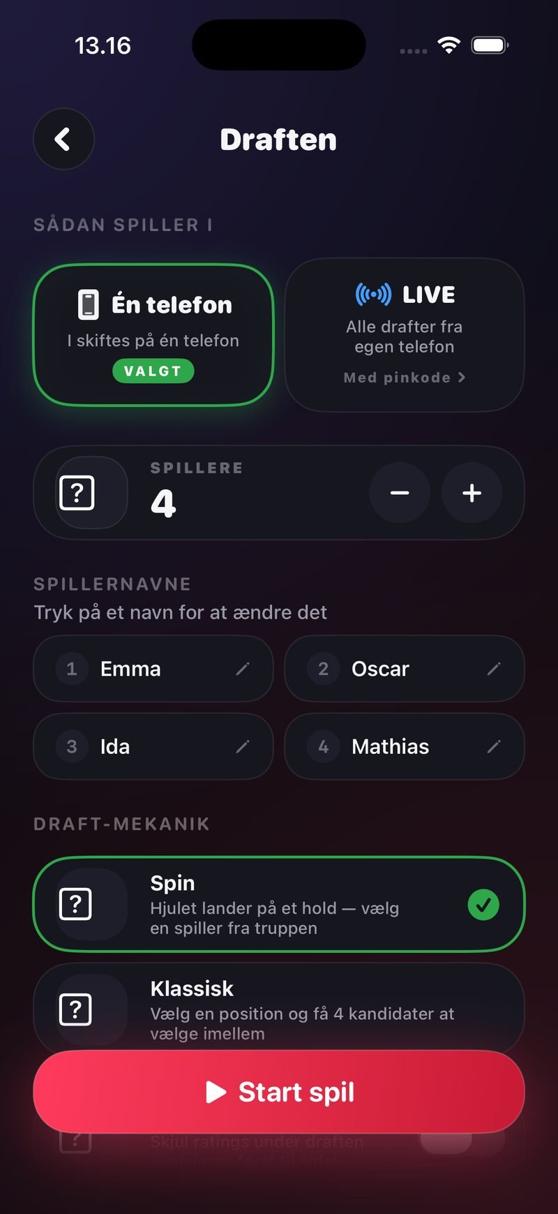 Opsætning i Draften: 'Én telefon' valgt, 4 spillere med navne og draft-mekanik Spin markeret