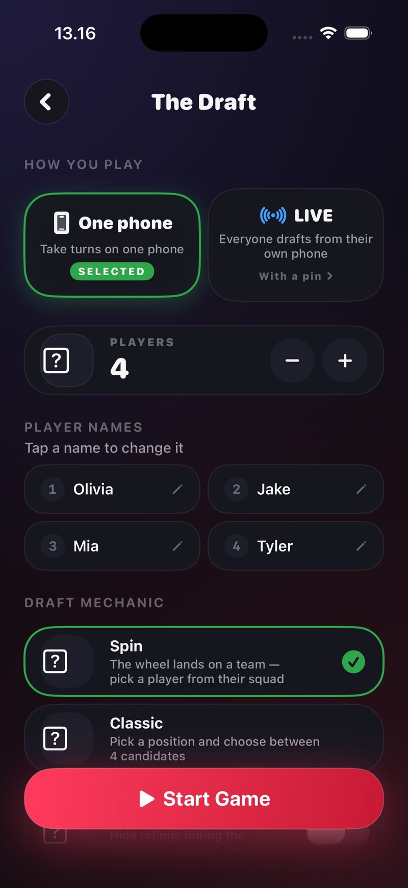 The Draft setup screen in Dronk: How you play with One phone selected and a LIVE option, 4 players named Olivia, Jake, Mia and Tyler, draft mechanic Spin selected over Classic, and a Start Game button