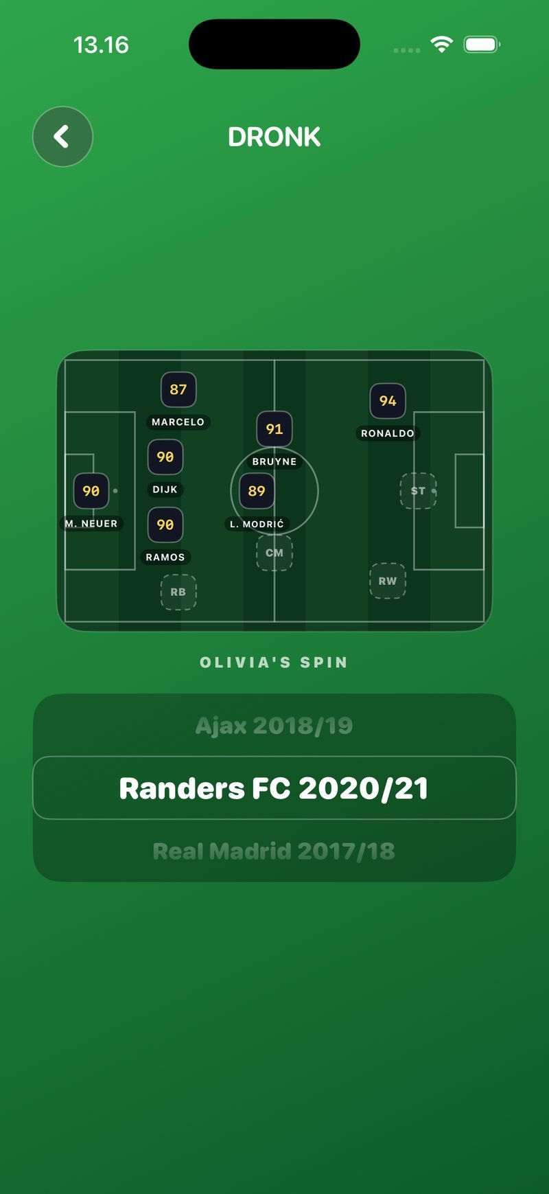 Olivia's spin in The Draft: her squad on a small pitch at the top with seven players placed, and the spinning wheel below showing Ajax 2018/19, Randers FC 2020/21 and Real Madrid 2017/18