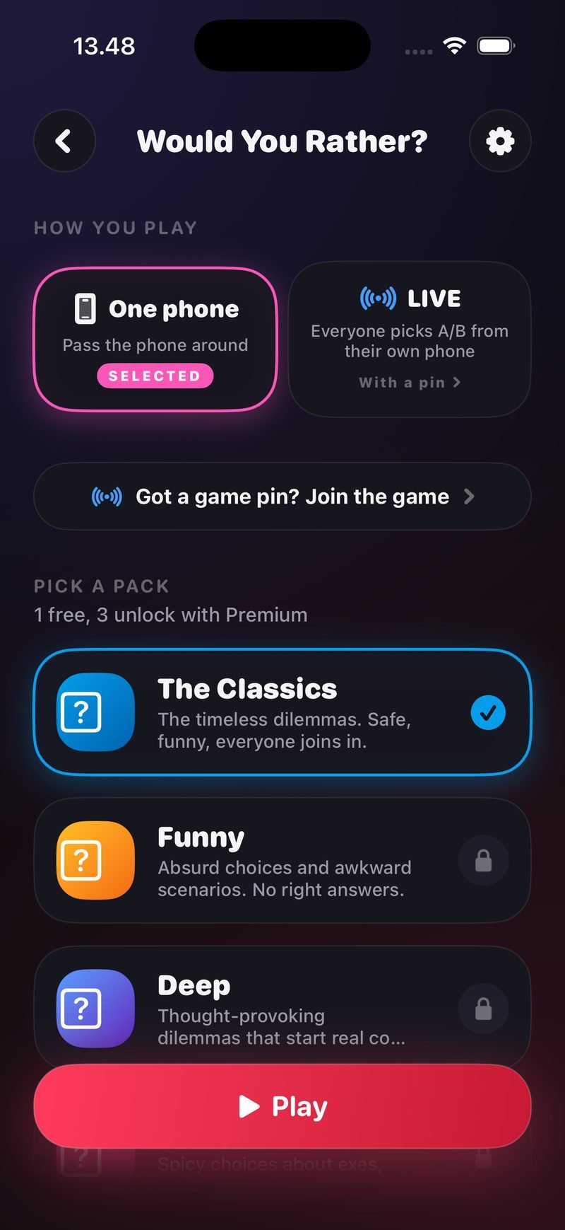 Would You Rather setup screen in Dronk: One phone selected, a LIVE option, and The Classics pack checked above the Play button