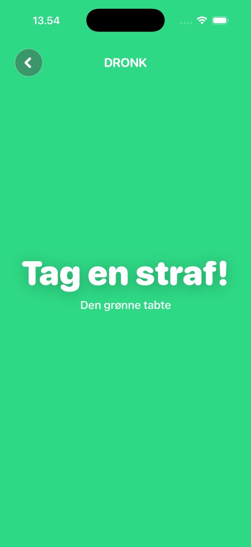Vinderskærmen i Fingerspil: grøn farve fylder hele skærmen med teksten Tag en straf! — Den grønne tabte