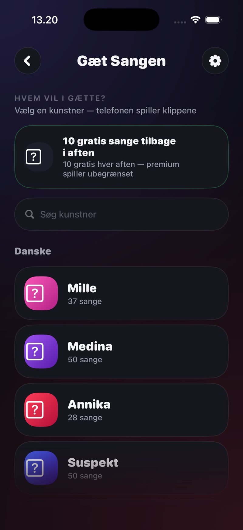 Kunstner-vælgeren i Gæt Sangen: boksen 10 gratis sange tilbage i aften, søgefeltet Søg kunstner og listen Danske med Mille (37 sange), Medina (50), Annika (28) og Suspekt (50)