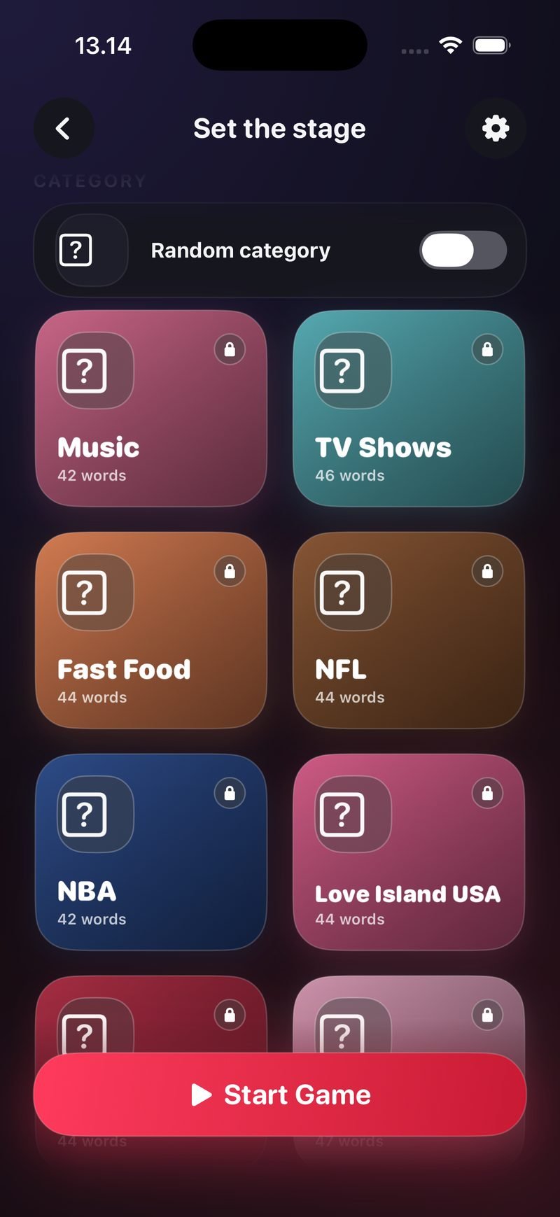 Imposter category grid in Dronk: Random category toggle, then tiles for Music (42 words), TV Shows (46), Fast Food (44), NFL (44), NBA (42) and Love Island USA (44)