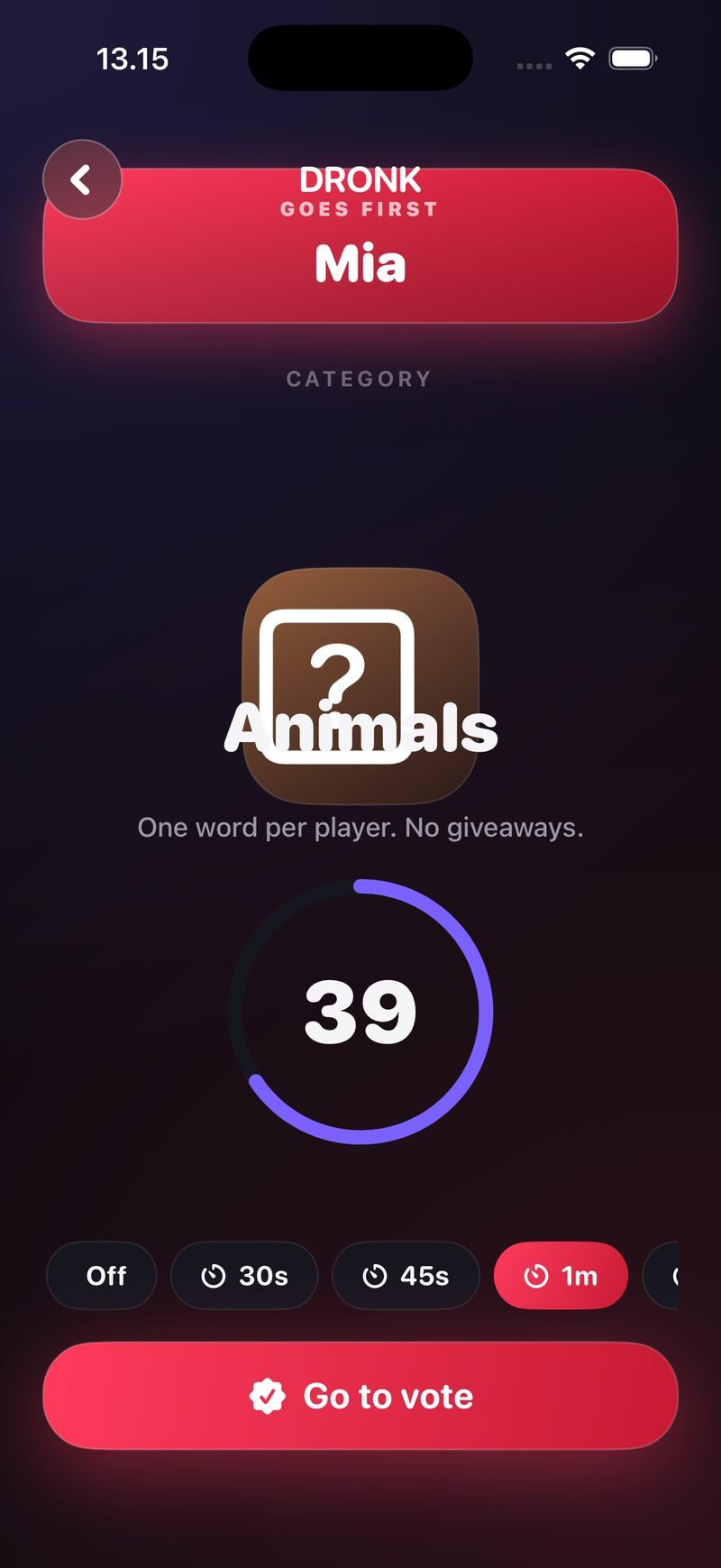 Clue round in Dronk: banner Mia goes first, category Animals, the line One word per player, no giveaways, a timer ring at 39 seconds with 1m selected, and a Go to vote button