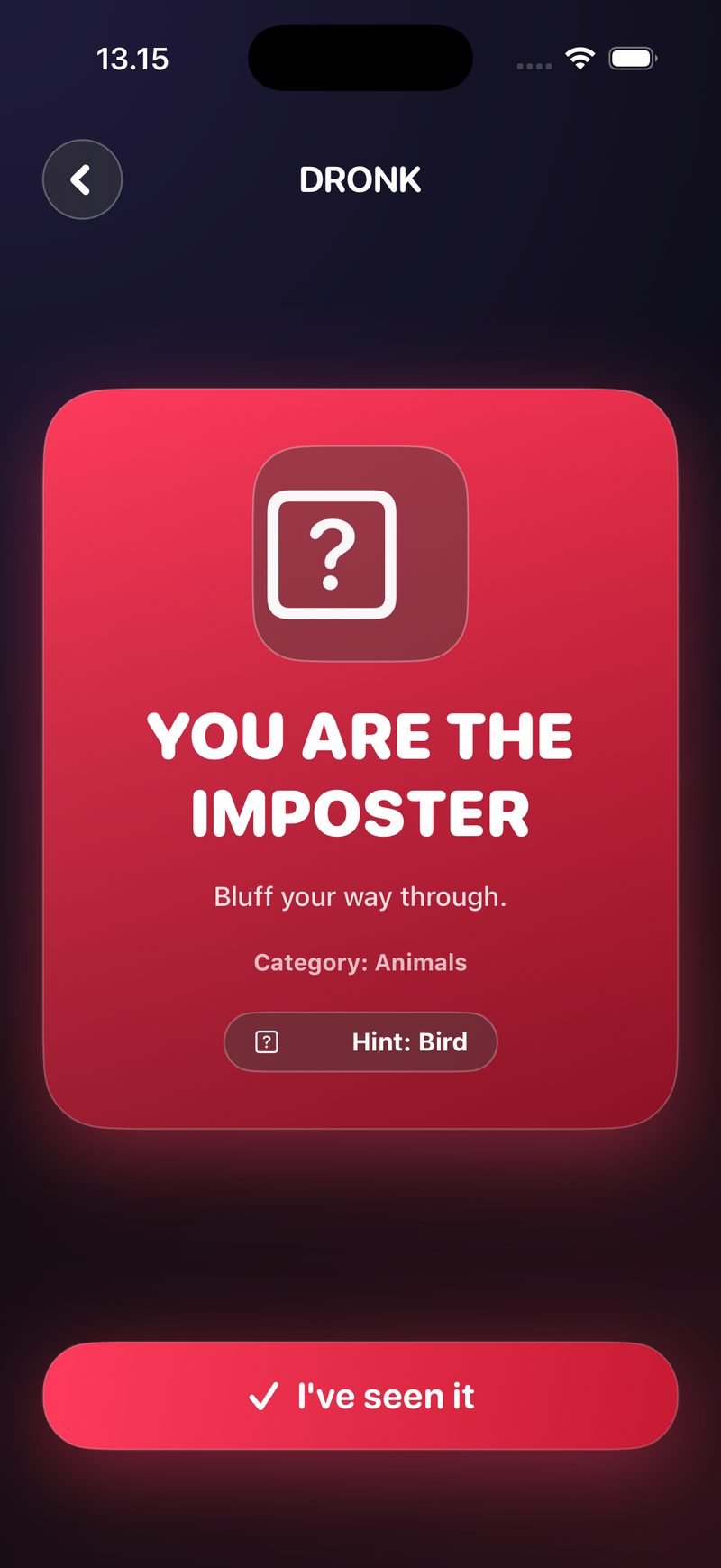 The imposter's red card in Dronk: You are the imposter, bluff your way through, with Category: Animals and Hint: Bird