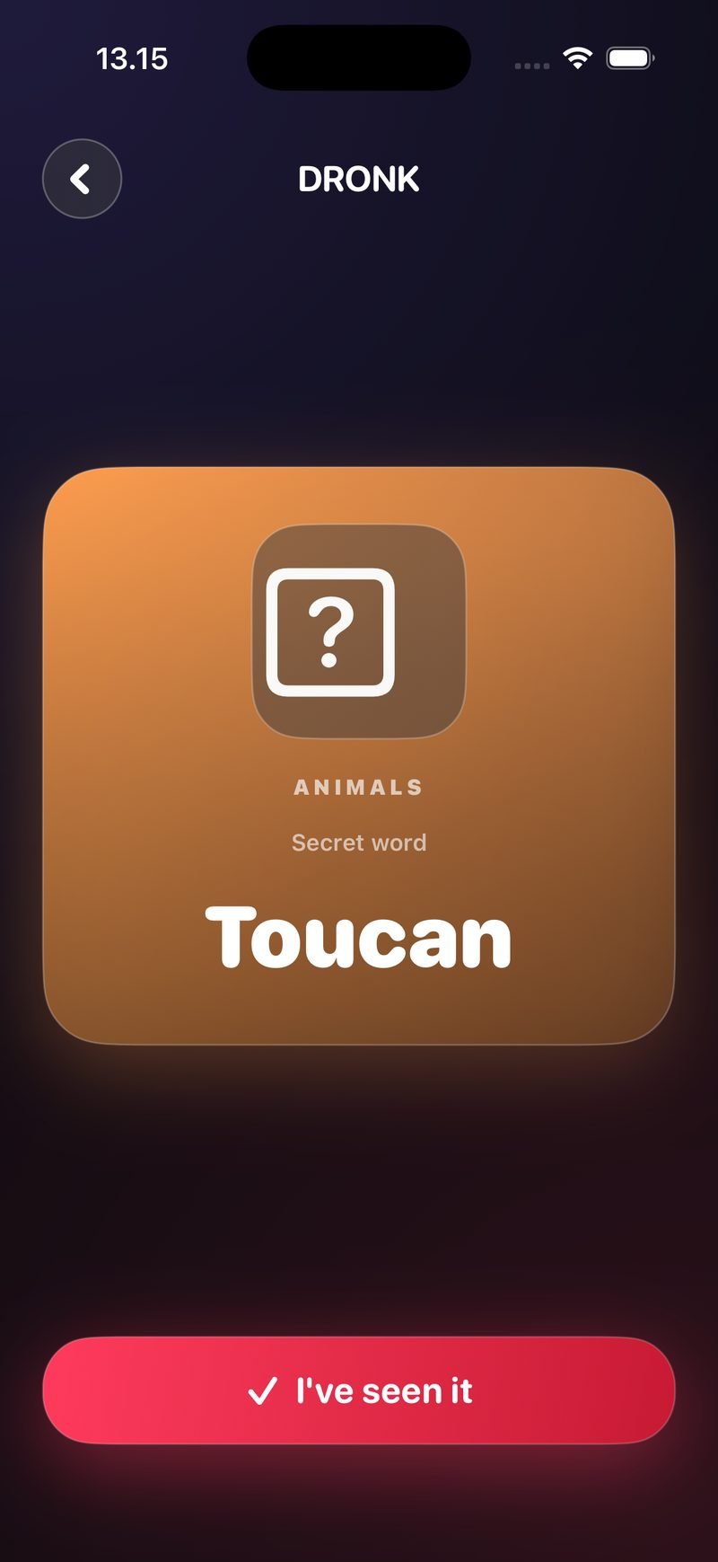 Undercover card in Dronk: the same orange Animals card as everyone else, but the secret word reads Toucan instead of Penguin