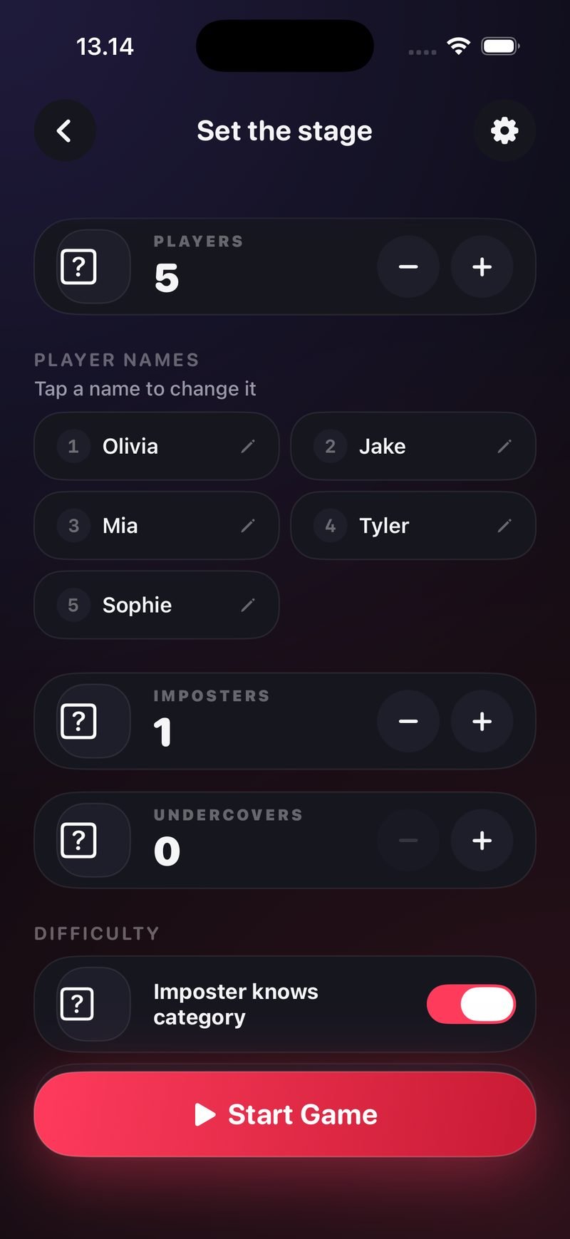 Imposter setup screen in Dronk: 5 players named Olivia, Jake, Mia, Tyler and Sophie, 1 imposter, 0 undercovers, the Imposter knows category toggle on, and a Start Game button