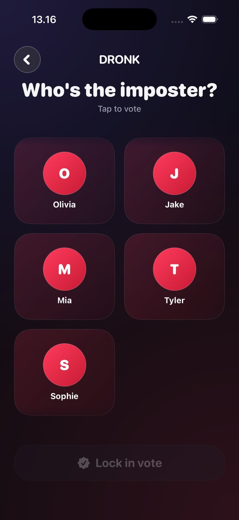 Voting screen in Dronk: Who's the imposter? Tap to vote, with five player tiles for Olivia, Jake, Mia, Tyler and Sophie and a Lock in vote button
