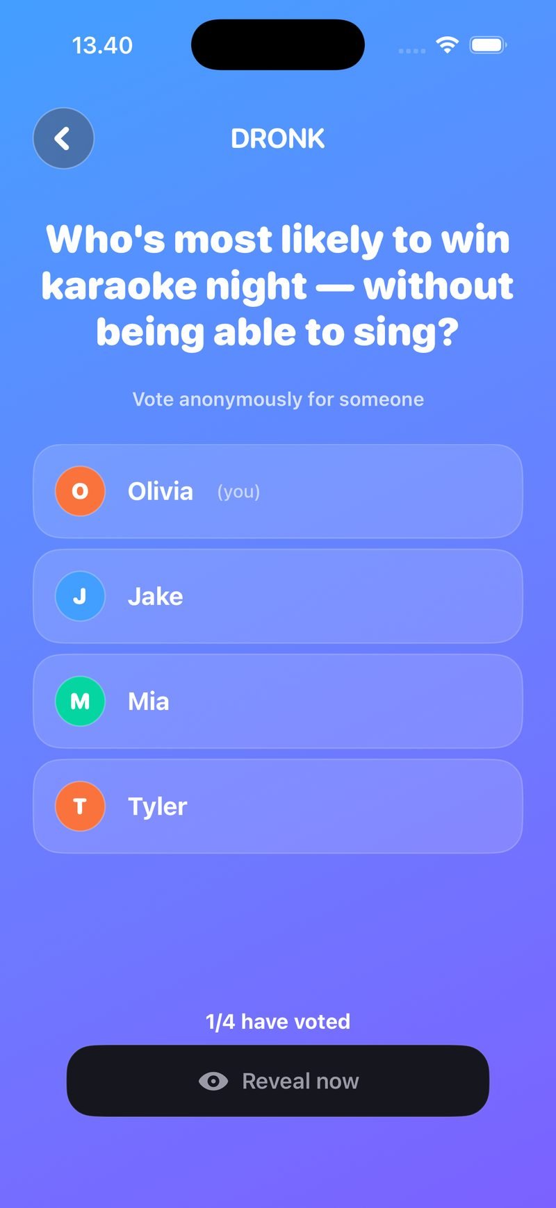 Most Likely To LIVE voting: the question Who's most likely to win karaoke night, without being able to sing? above Vote anonymously for someone, the players Olivia (you), Jake, Mia and Tyler, the counter 1/4 have voted and a Reveal now button