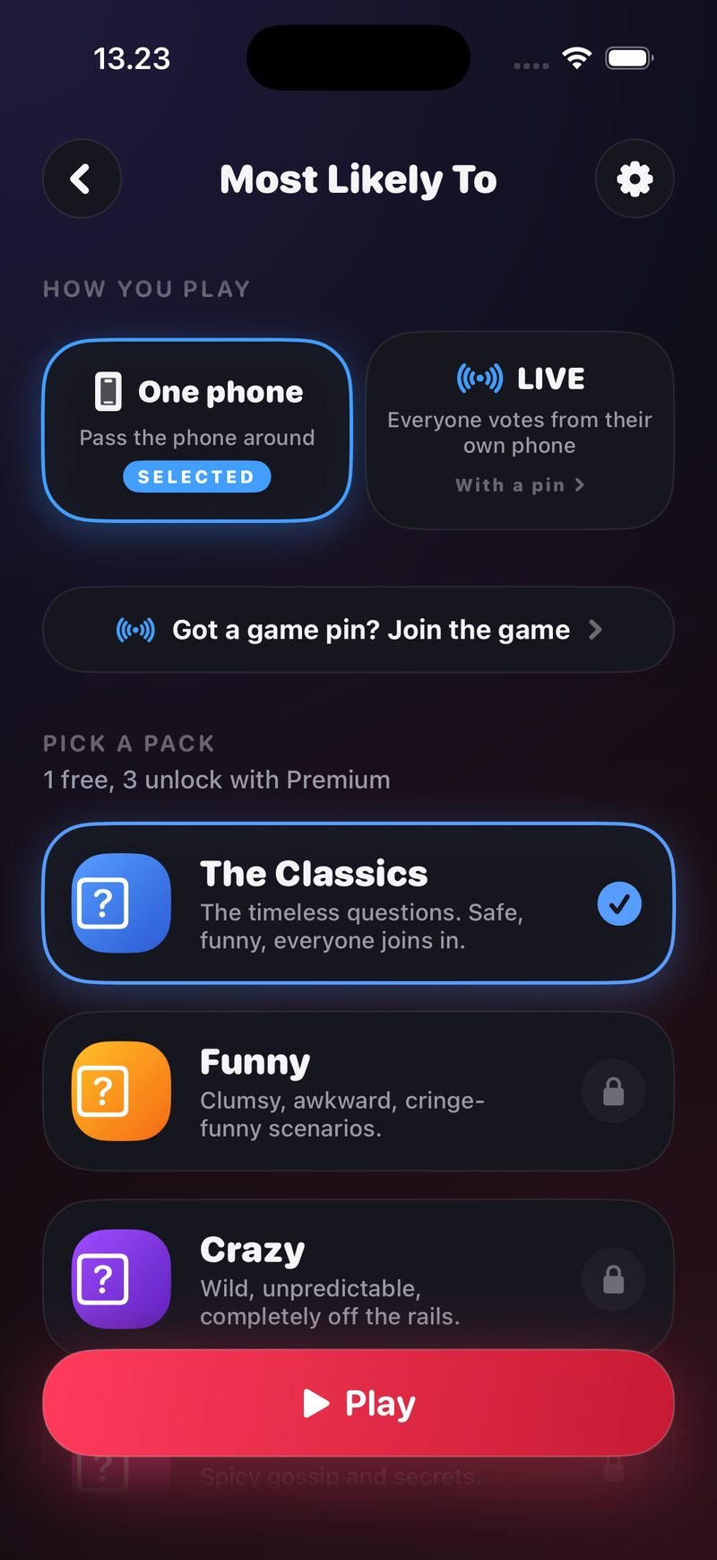The Most Likely To setup screen: One phone selected next to LIVE, a Got a game pin? Join the game row, and the pack list with The Classics checked, Funny and Crazy locked, above a Play button