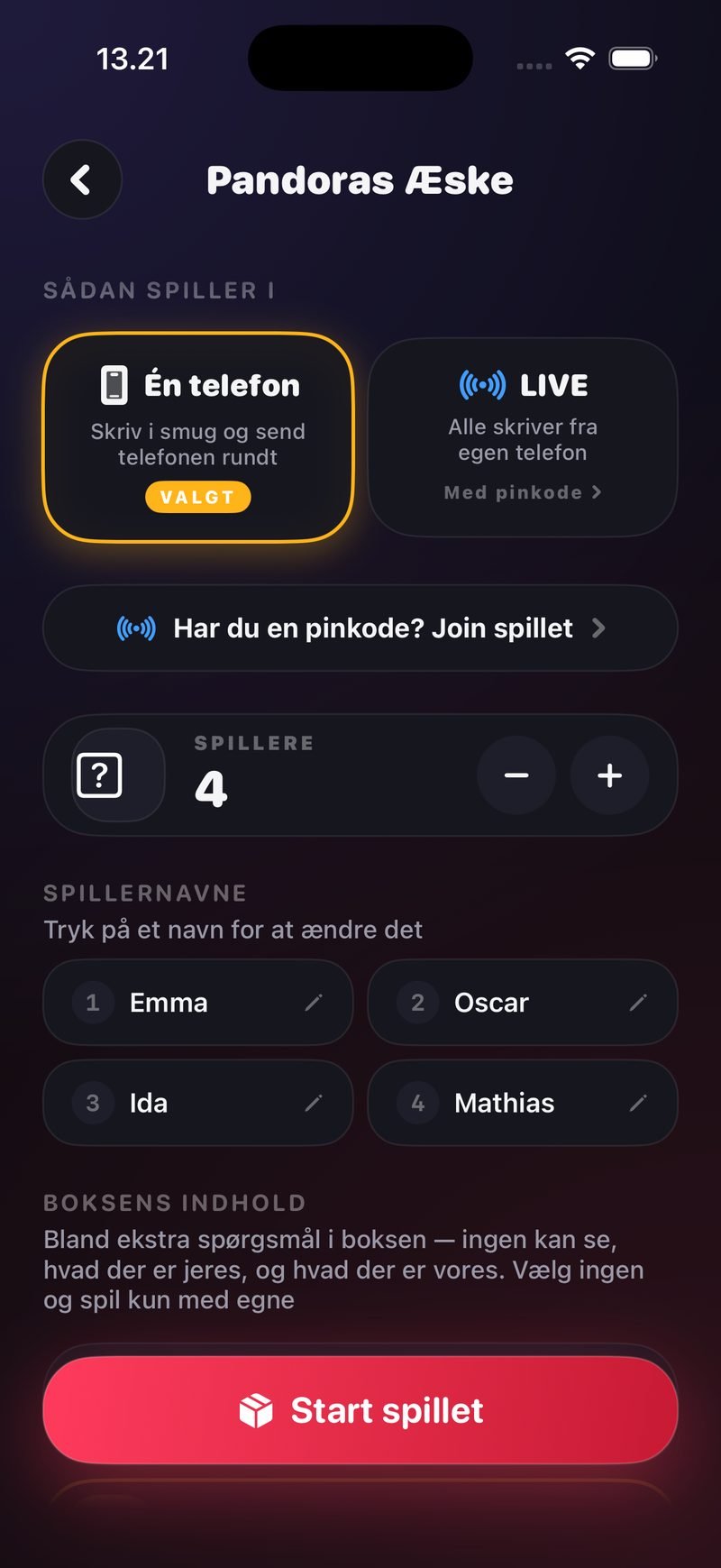 Lokal opsætning i Pandoras Æske: 'Én telefon' valgt, 4 spillere med navne og sektionen Boksens indhold