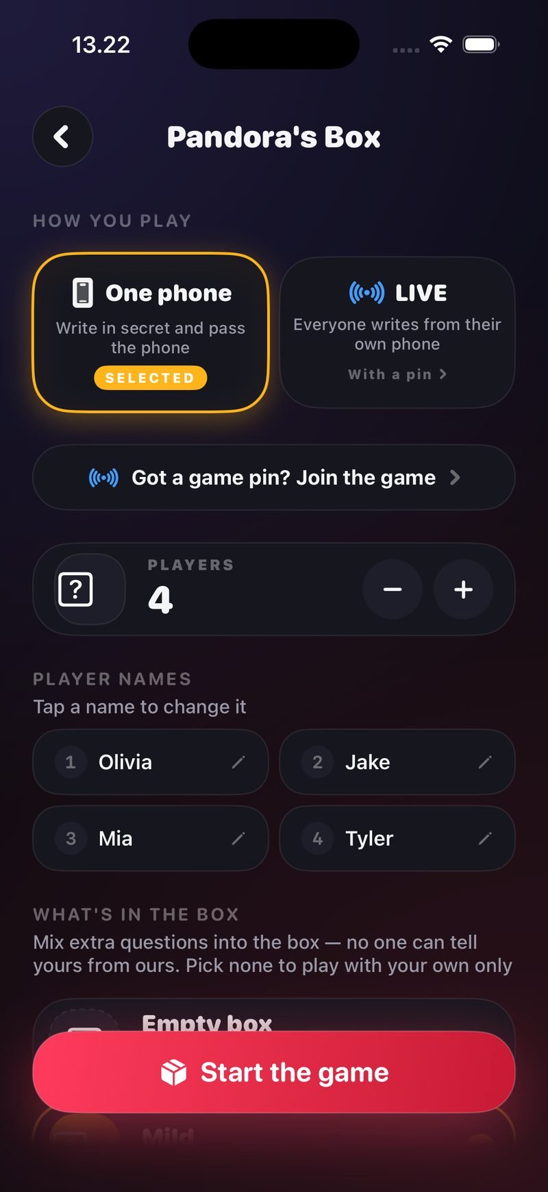 Pandora's Box setup screen in Dronk: How you play with One phone selected and a LIVE option, a Got a game pin? Join the game row, 4 players named Olivia, Jake, Mia and Tyler, a What's in the box section starting with Empty box, and a Start the game button